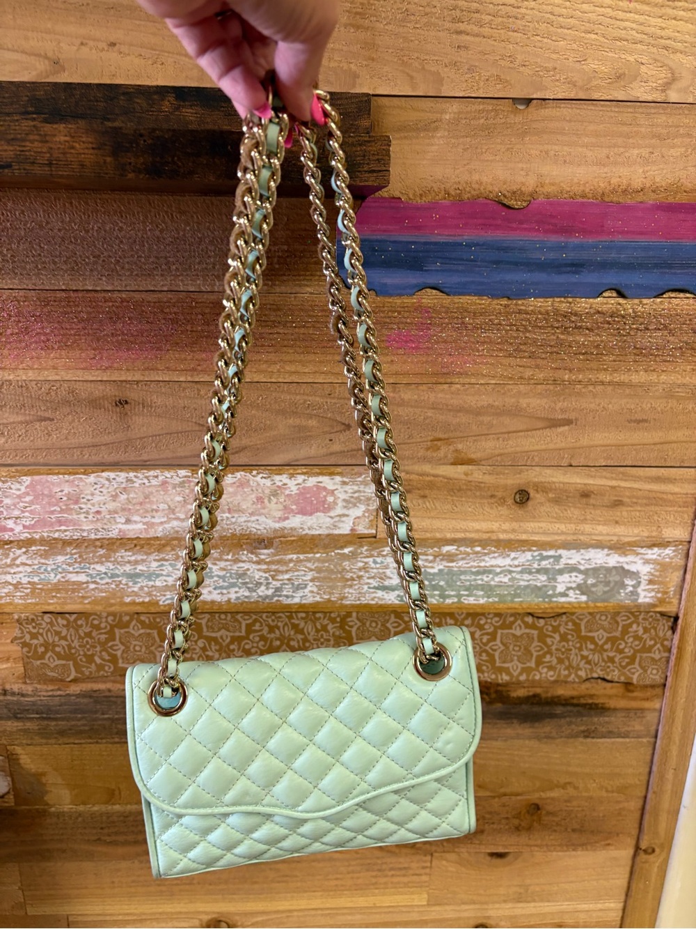 Rebecca Minkoff Quilted Mint Shoulder Bag with Gold Chain